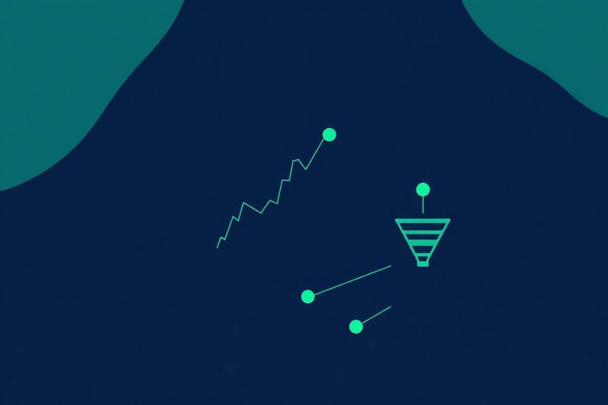 Abstract navy and teal illustration of a market chart, a strategy node map and a marketing funnel