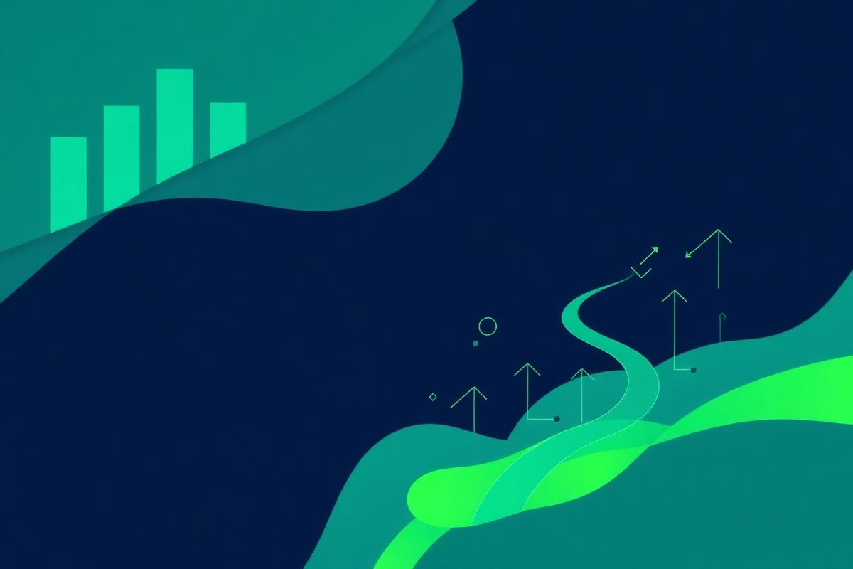 Abstract navy and teal illustration of rising bar charts and a branching career path